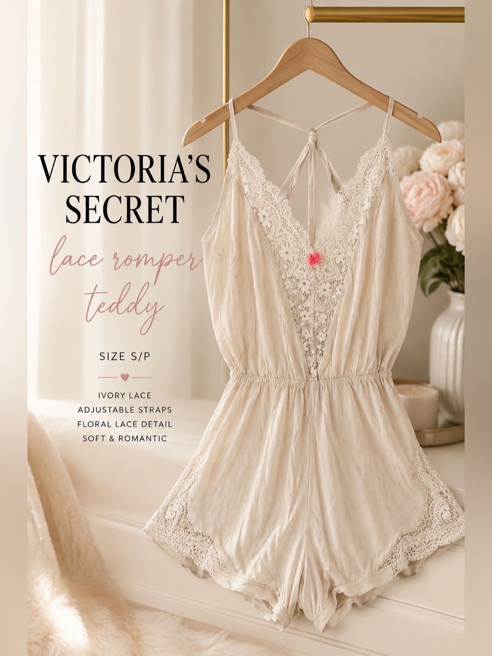 Victoria’s Secret Ivory Lace Romper Teddy Sleepwear Lingerie Size S/P